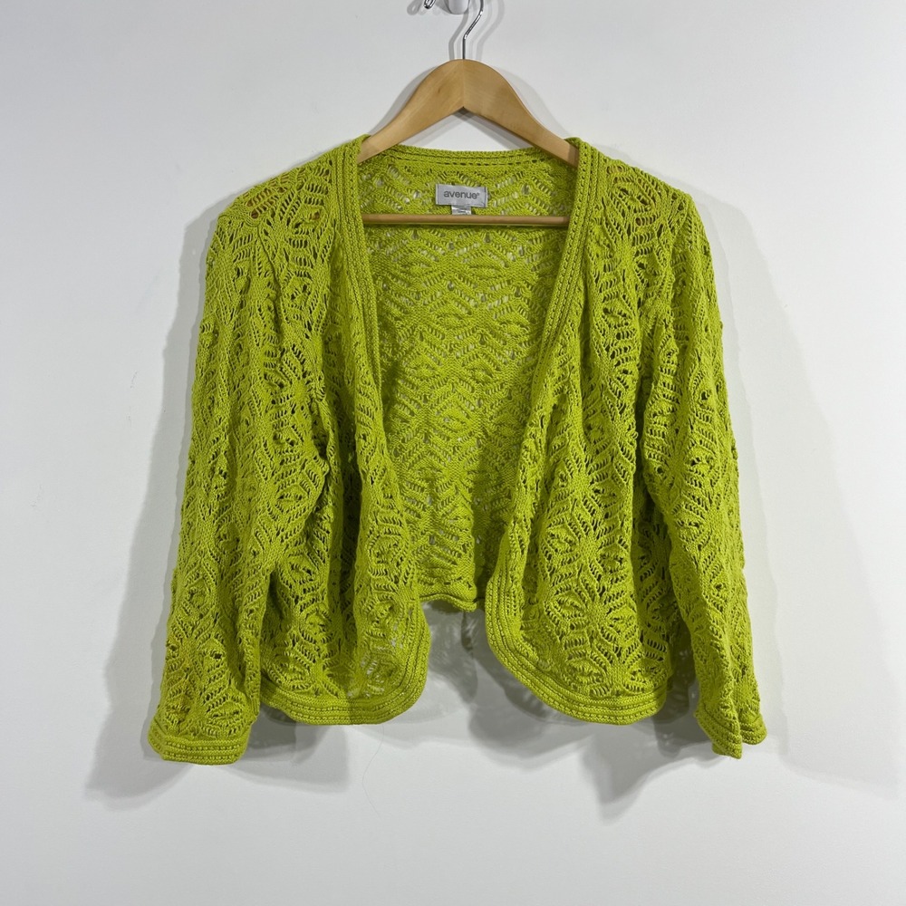 Avenue Y2K Chartruese Green Cotton Pointelle Knit Open Front Cardigan Size 18 20